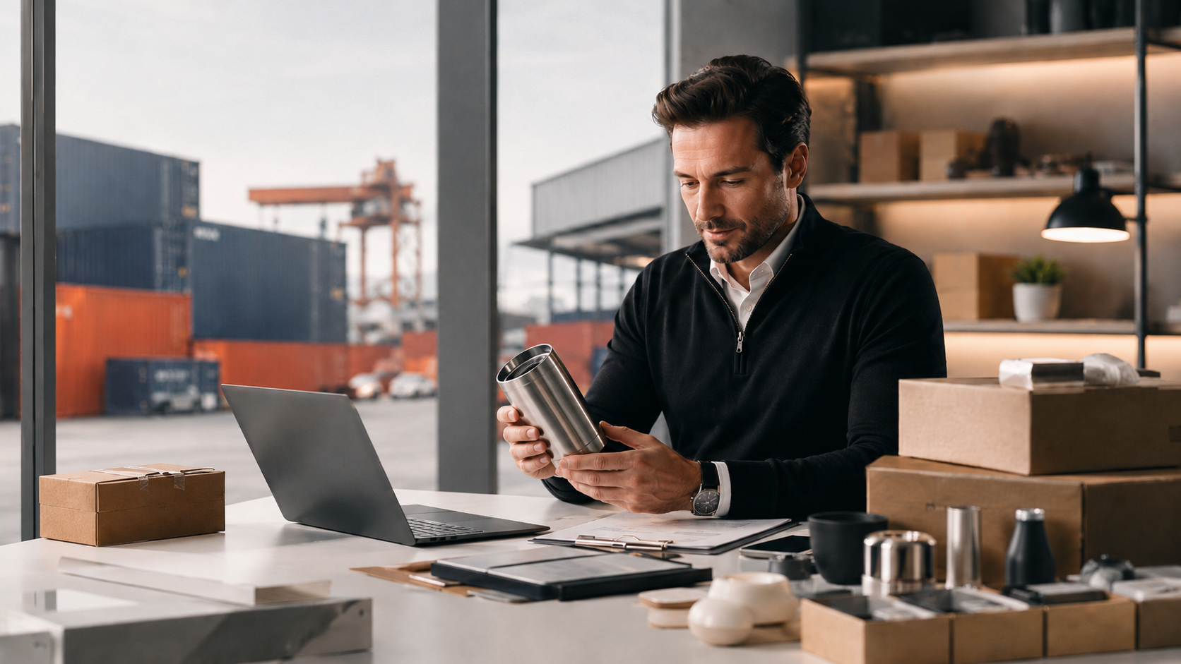 Emprendedor revisando un producto importado desde China en su escritorio con cajas y notebook